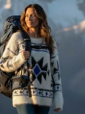 STACCATO AZTEC PRINT BLUE & CREAM FUZZY KNIT OVERSIZED PULLOVER SWEATER SIZE L
